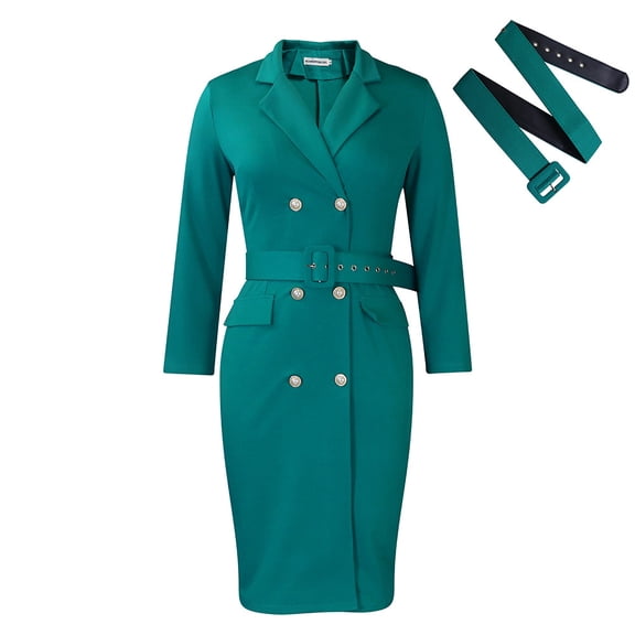 AURA Plus Size Double Breasted Blazer Collar Maxi Dress Elegant Long Sleeve Office Bodycon Dress with Belt