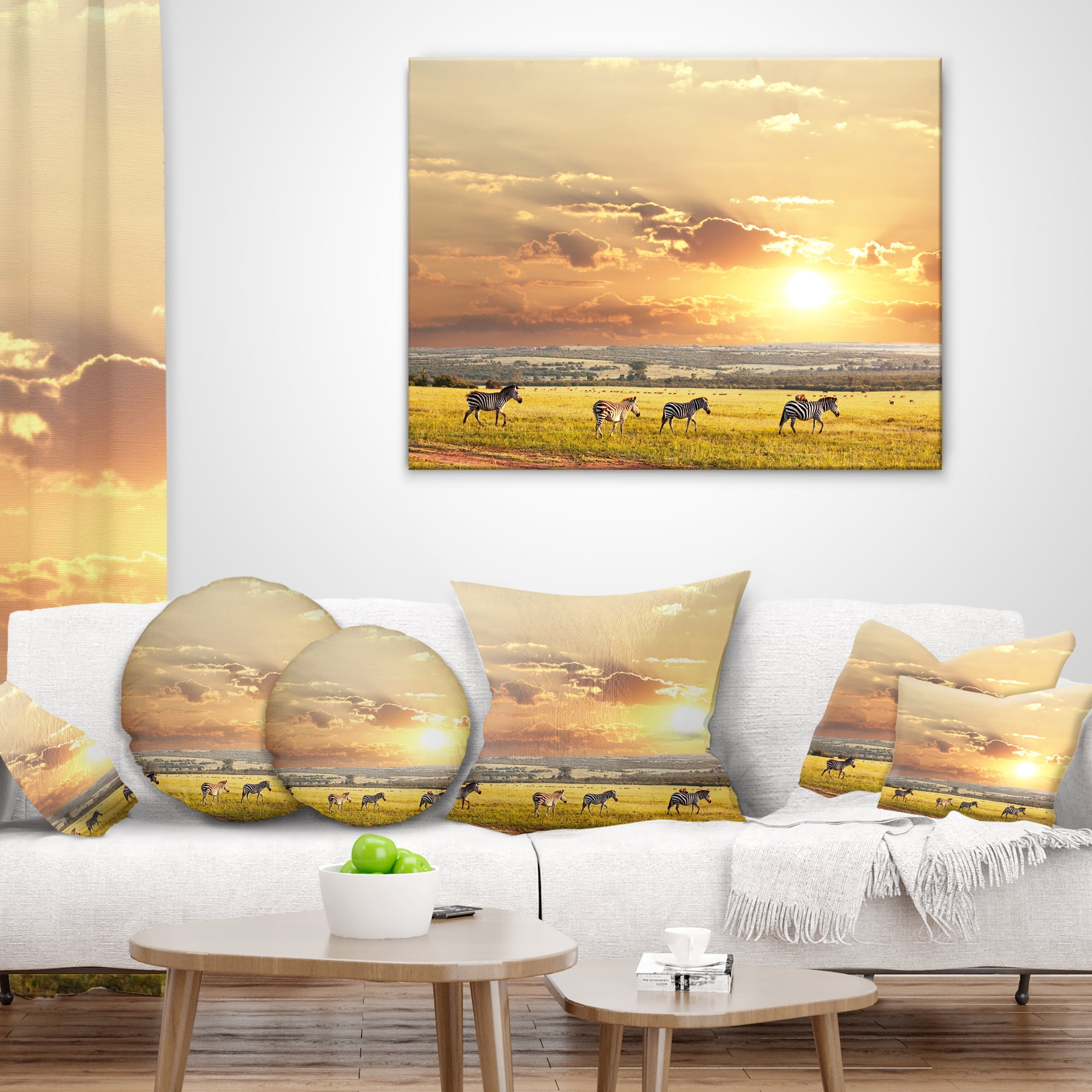 Designart Zebras Wandering in African Prairie - Landscape Printed Throw Pillow - 12x20