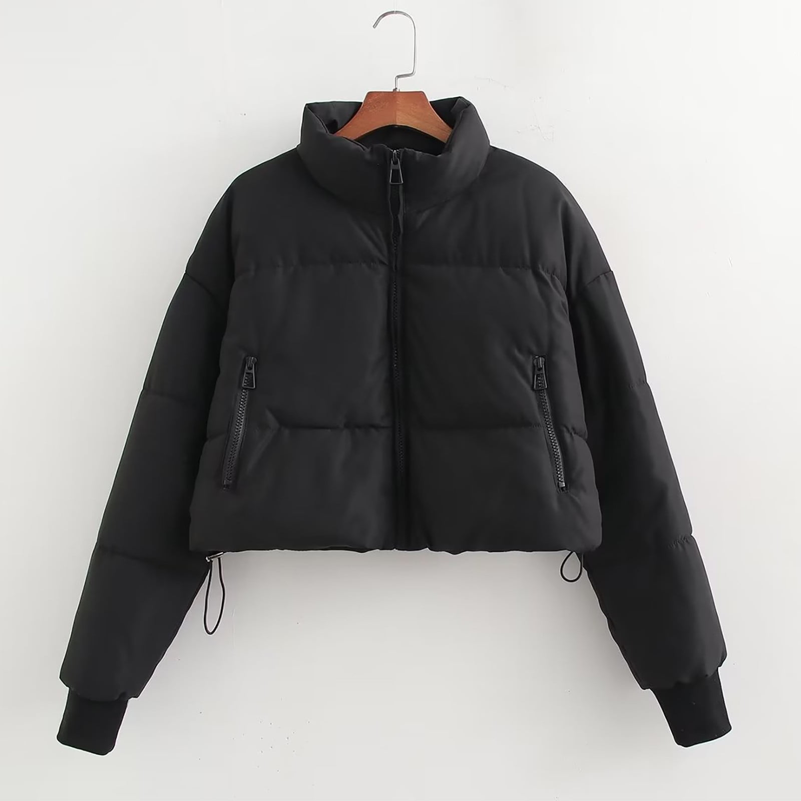 Women's Cropped Puffer Jacket Stand Collar Short Padded Coat Solid