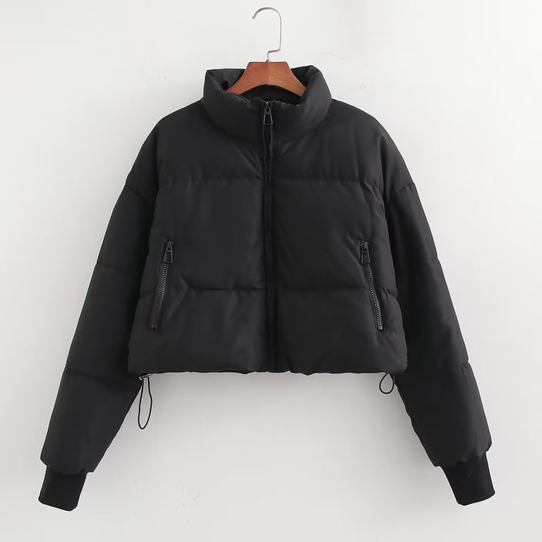 Women's Cropped Puffer Jacket Stand Collar Short Padded Coat Solid