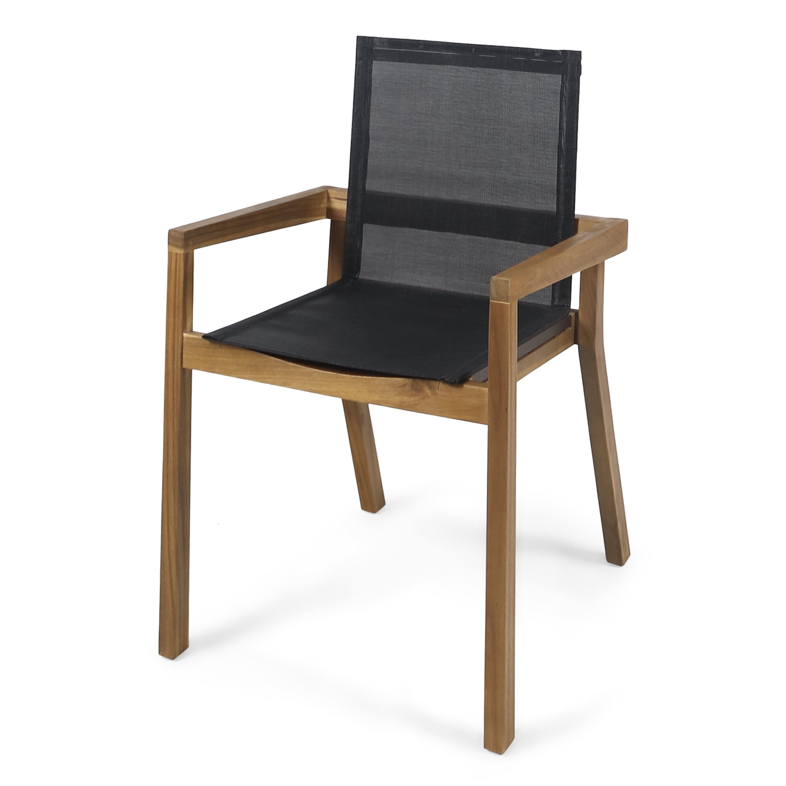Outdoor Dining Chairs, Patio Chairs Set of 2, Acacia Wood Frame and Black Mesh Seating with Armrests, Durable Furniture for Outdoor Dining or Lounge Area in Teak Finish