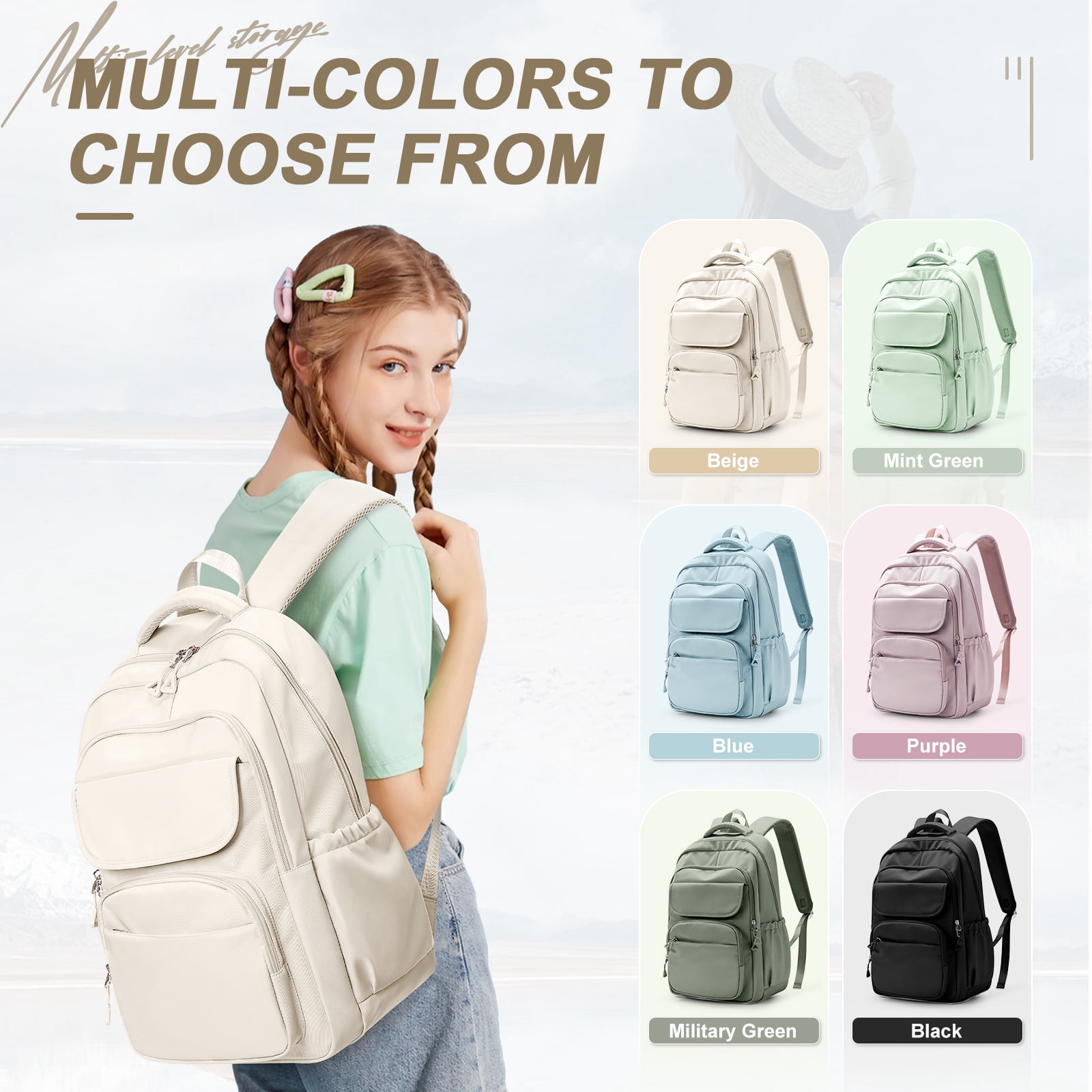 Cute Backpack for Women Men, Waterproof High School Bag Basic Backpack for College Students, Travel Laptop Backpack Lightweight Casual Daypack, Middle School Bookbag, Beige