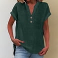 thumbnail image 2 of Linen Shirt for Women Summer Button Down Short Sleeve V Neck Tops Roll Up Short Sleeve Tshirts Business Casual Basic Tee Dressy Casual Loose Fit Shirts Summer Vacation Tunic Blouse Blackish Green L, 2 of 8