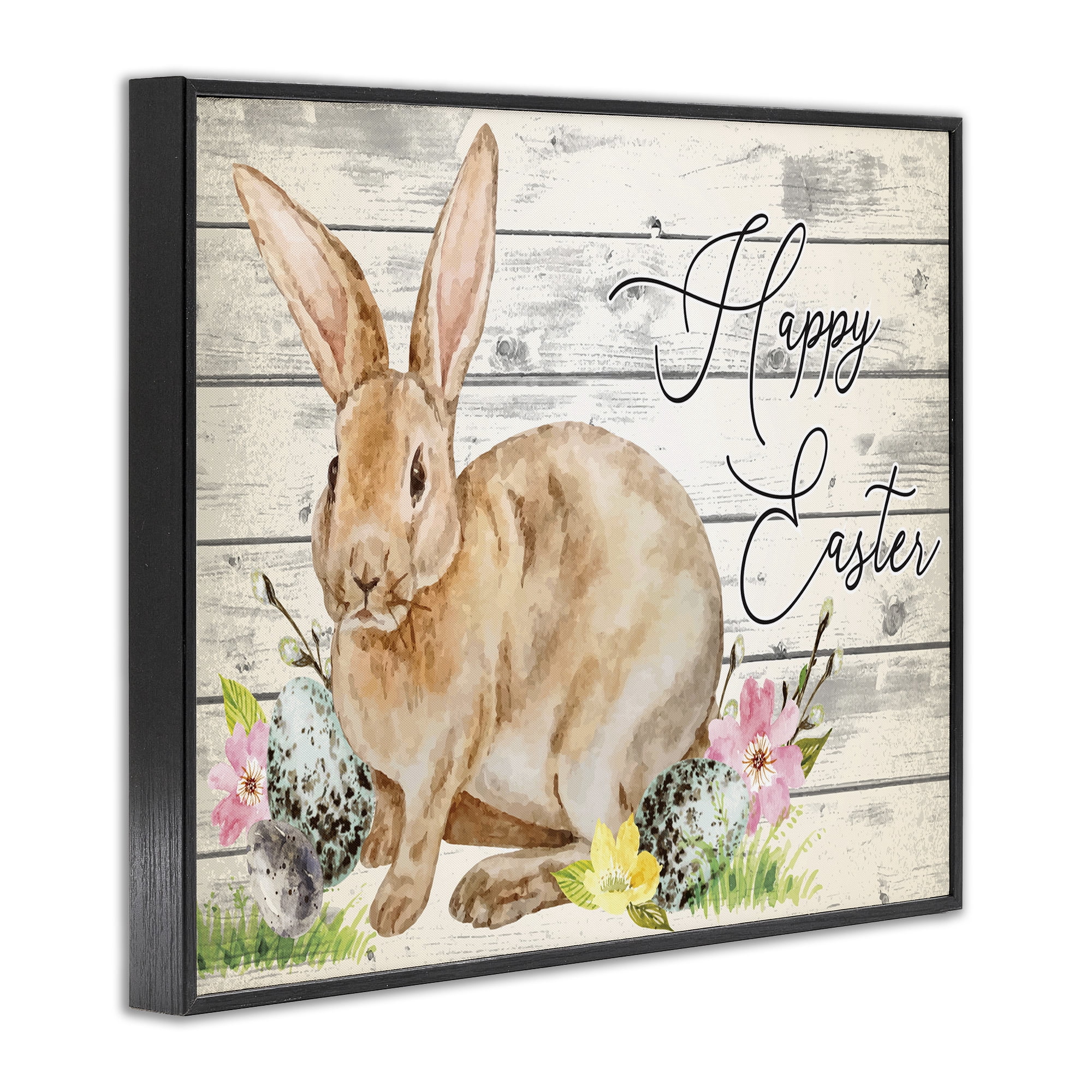Spring Floral Happy Easter Bunny Black Framed Giclee Art, 20 x 16, By Nicole DeCamp