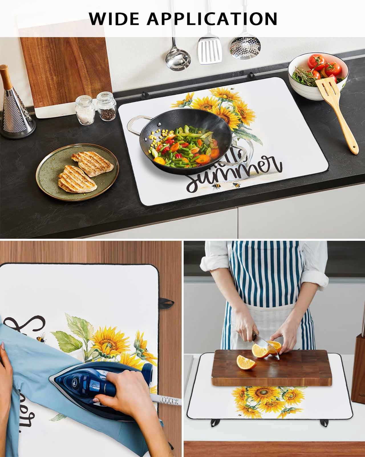 nqOlkjepod Large Induction Cooktop Protector Mat 31"x24", Summer Sunflower Stove Top Covers for Electric Stove, Watercolor Yellow Floral White Bottle Stove Burner Cover Mats, Glass Top Stove Cover