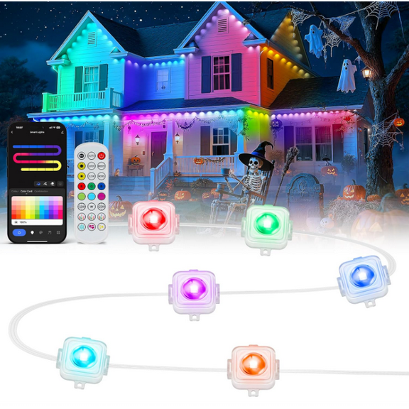 Permanent Outdoor Lights, 200-Foot RGBIC Eave Lights, IP67 Waterproof Home Lighting, Smart LED with App/Remote Control, Ideal for Outdoor Decor, Garden Decor, Parties, Holidays