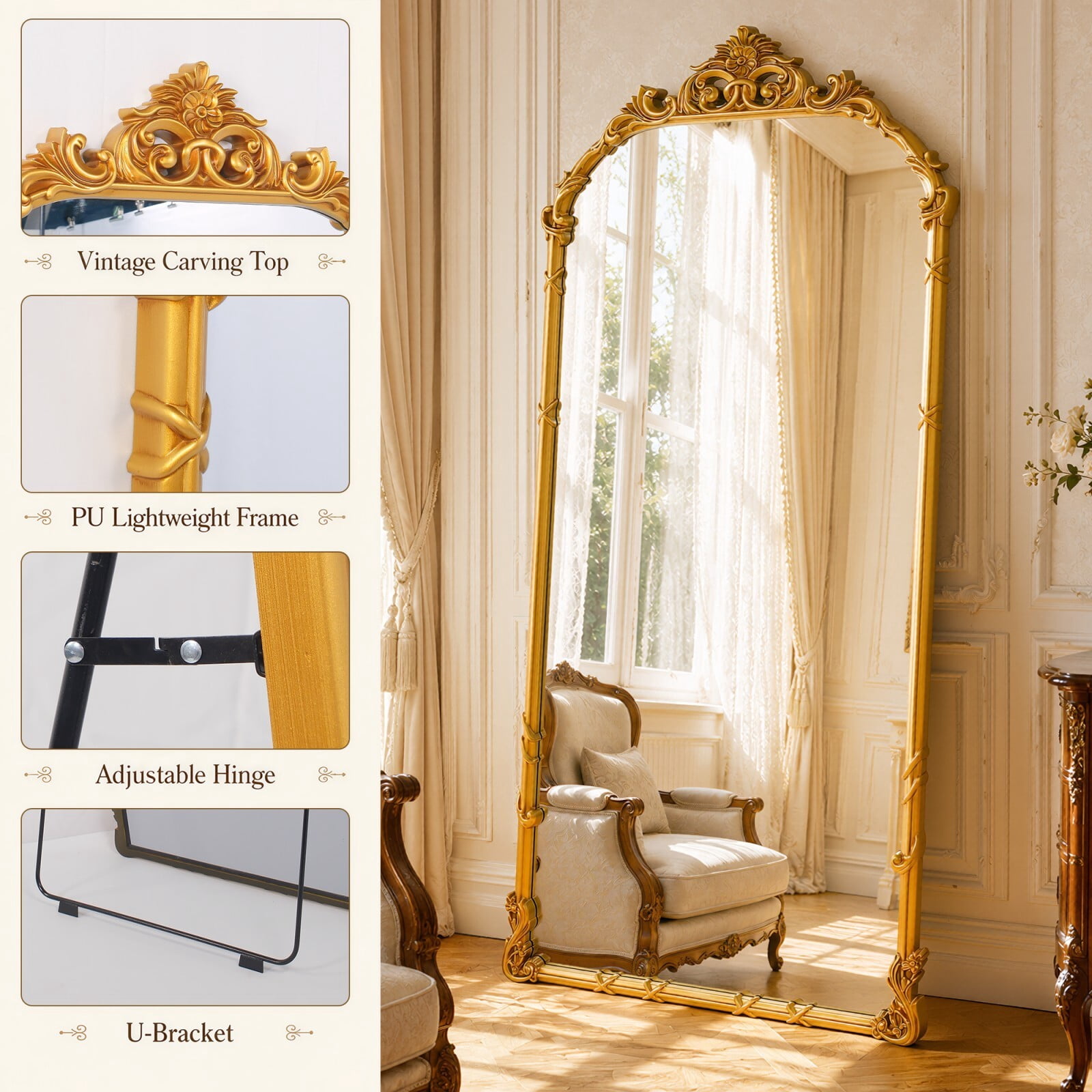Easy4Home 71"x32" Arched Full-Length Floor Mirror Baroque Scroll Carved Standing Mirror, Bright Gold