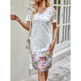 thumbnail image 3 of Womens Multicolor Floral Print V-Neck Short Sleeve Sheath Midi Dress, 3 of 8