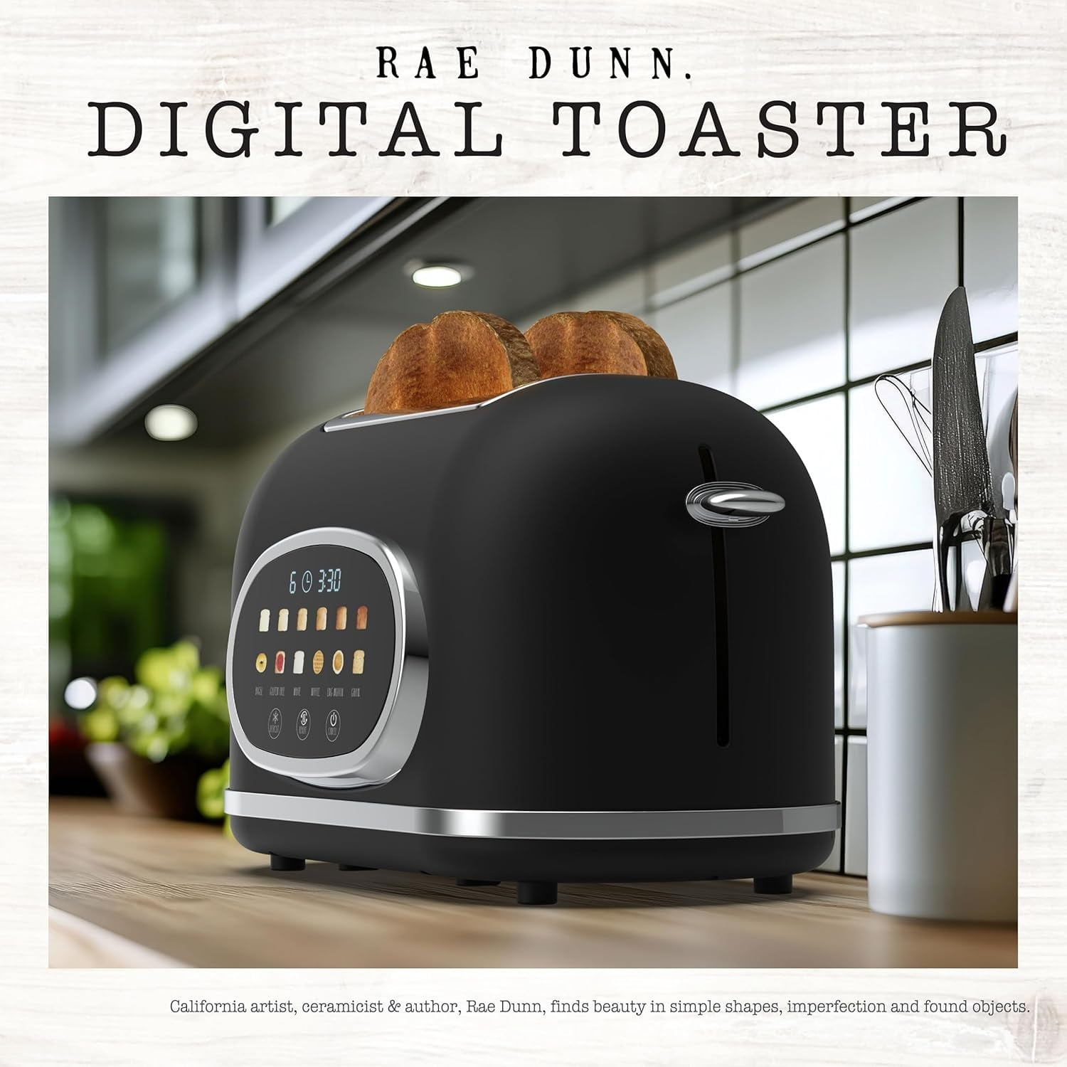 Rae Dunn Toaster, Digital Retro Stainless Steel with 6 Shade Settings, Black