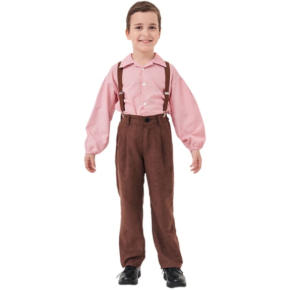 YunPes Boys German Outfits Kids Pioneer Colonial Pants and Lapel Shirts 2 Piece Set Octoberfest Halloween Stage Dress Up