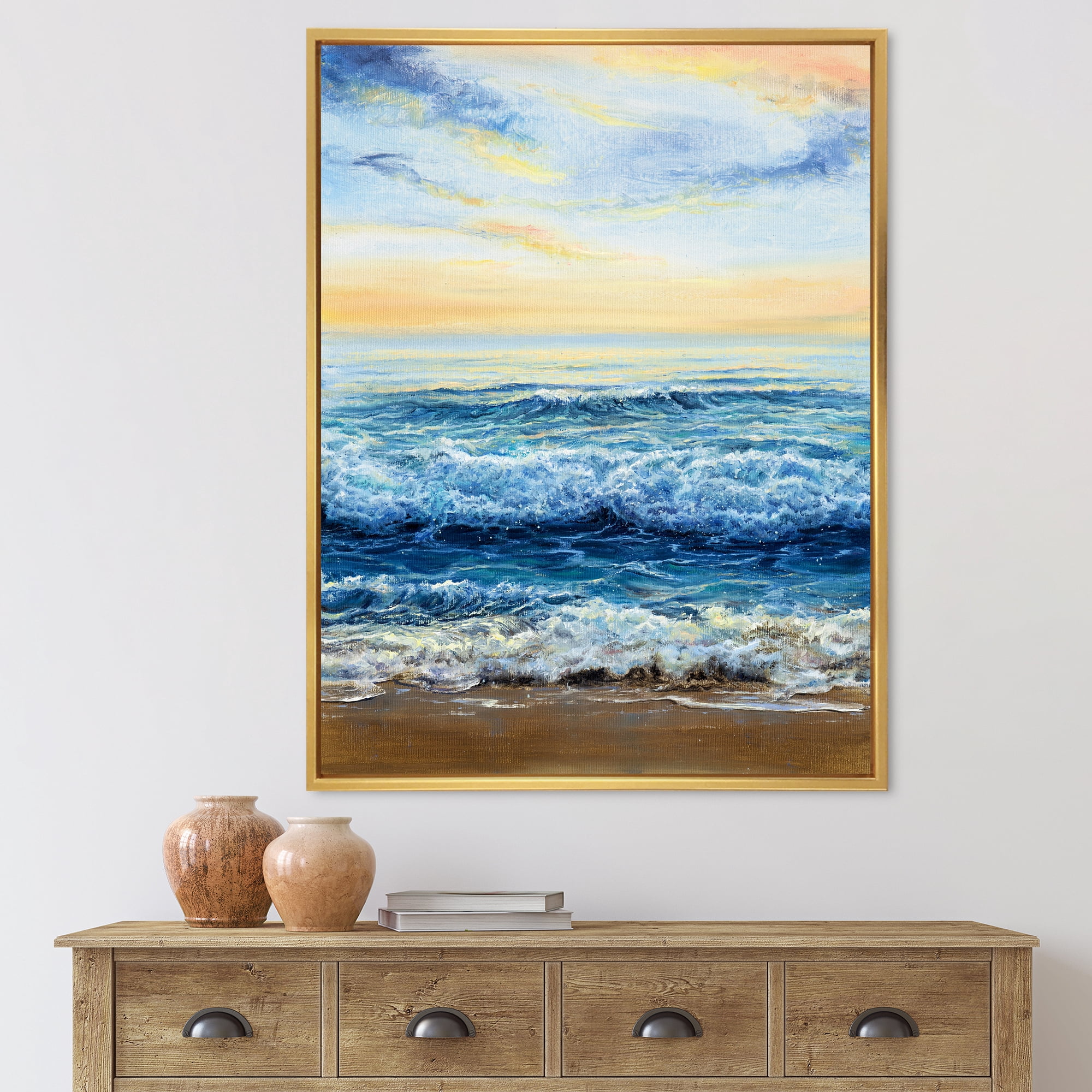 Ocean Waves At Sunrise 16 in x 32 in Framed Photography Canvas Art Print, by Designart