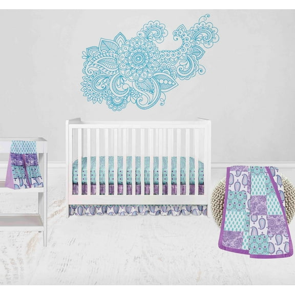 Bacati - Paisley Isabella 4-Piece Crib Bedding Set with Diaper Stacker - Lilac/Purple/Aqua Girls
