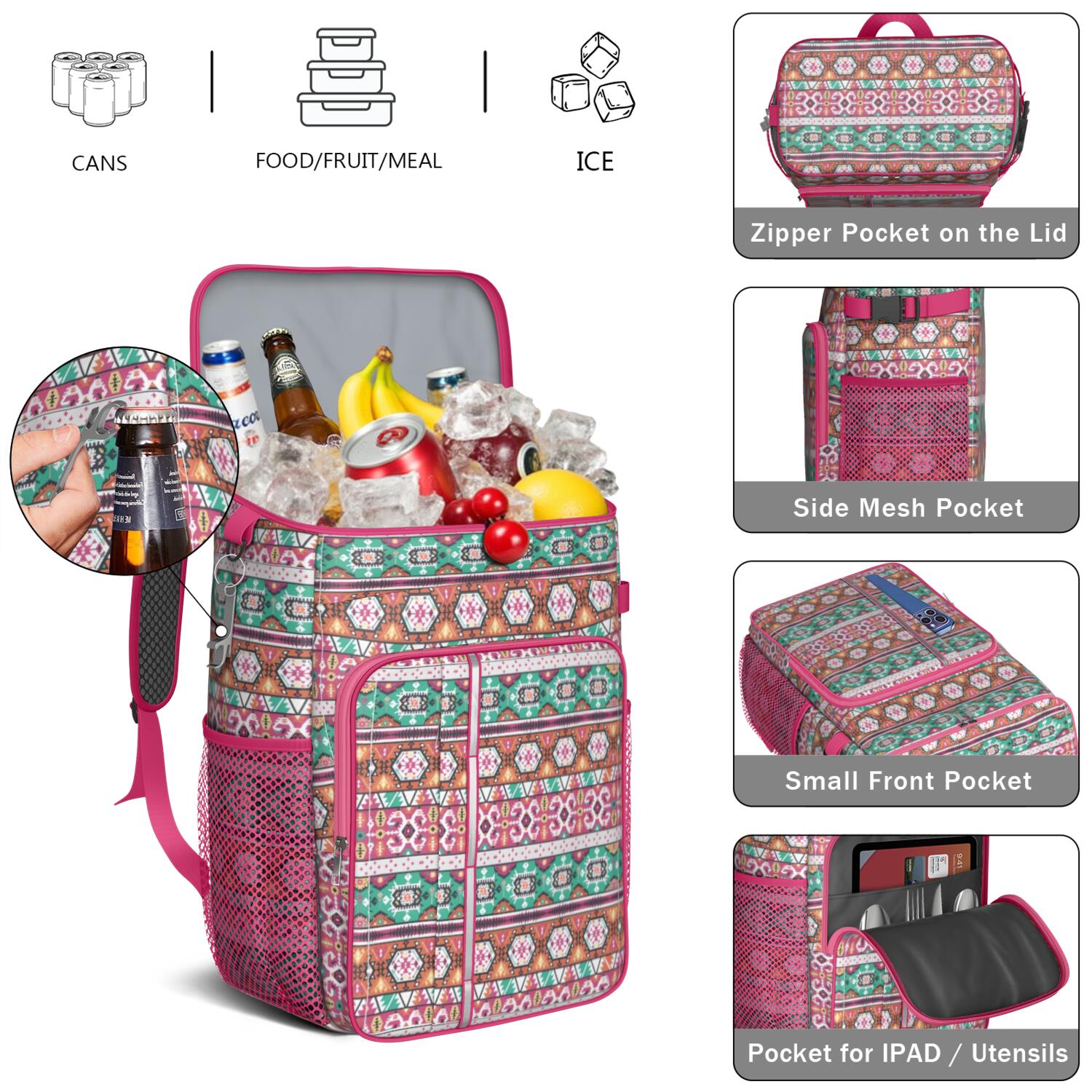 Travel Cooler Bag - Boho Bohemia Pioneer Flower Geometric Line Art Camping Beer Cooler Backpack with Bottle Opener- Waterproof Insulated Picnic Backpacks - Cooler Bag for Beach