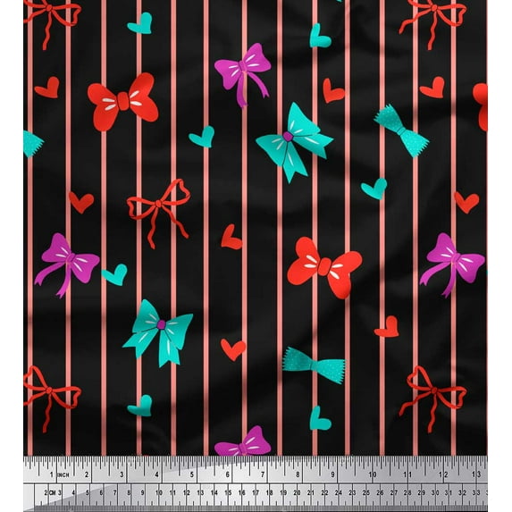 Soimoi Black Modal Satin Fabric Bow & Stripe Printed Fabric 1 Yard 42 Inch Wide