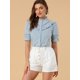thumbnail image 3 of Blusas Elegante Con Cuello De Volantes Manga Corta Cuello Alto Camisa Con Botones Para Mujer Azul S, 3 of 6