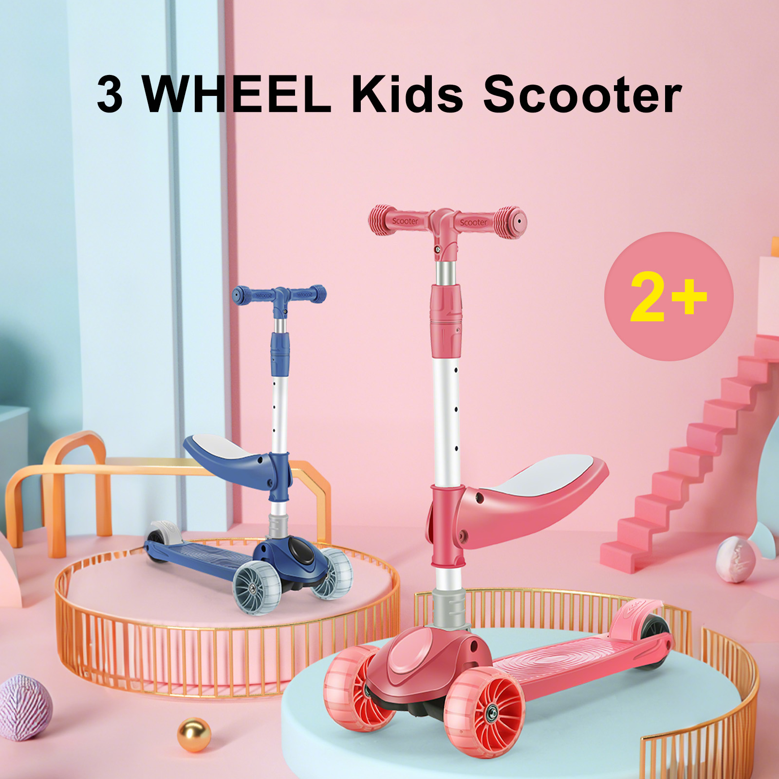 2-in-1 Kids Scooter Foldable Seat Light 3 Wheel Adjustable Folding Bar Blue/Pink
