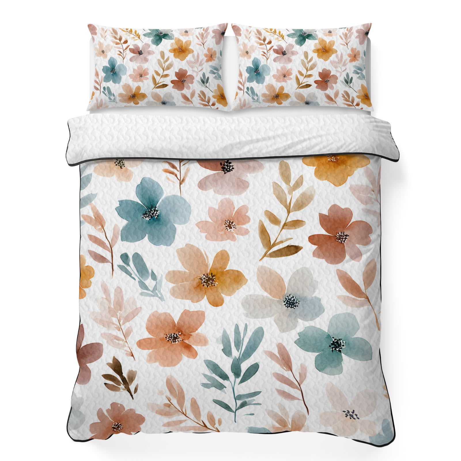 Quilts Full Size Bedding Set Spring Floral Lightweight Quilted Comforter Watercolor Rustic Flower Botanical Leaves Boho Soft Bedspread Coverlet with Pillow Covers for All Season 78 x 90