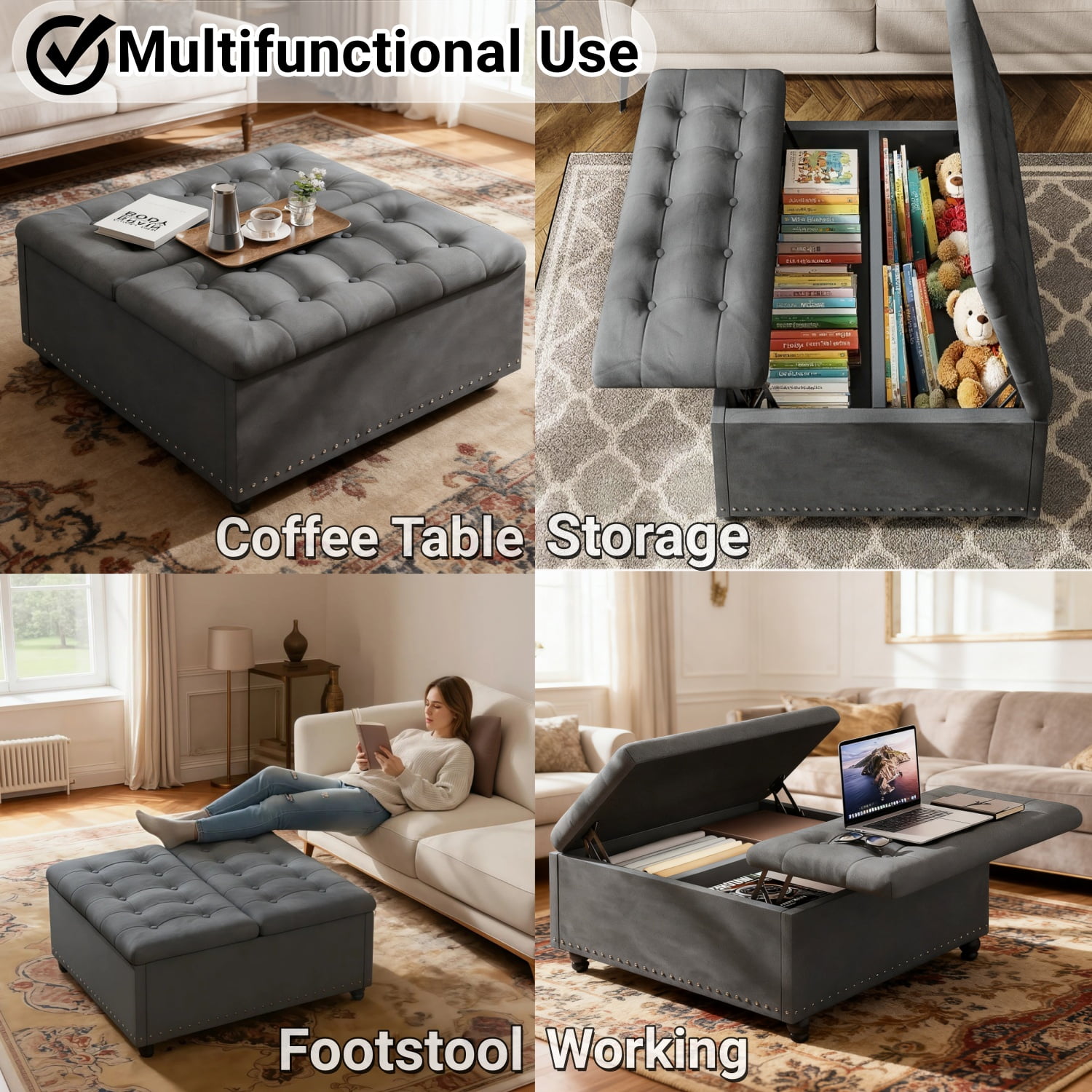 Kbun 33.5 inch Large Square Storage Ottoman, Tufted Upholstered Coffee Table with Lift Top & Solid Wood Legs, Oversized Storage Bench Ottomans Toy Box for Bedroom, Living Room, Entryway, Grey