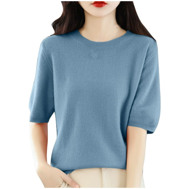 Yuyuzo Pulls pour Femmes Manches Courtes Haut Tricoté Couleur Unie Col Rond Léger Vêtements d'Été