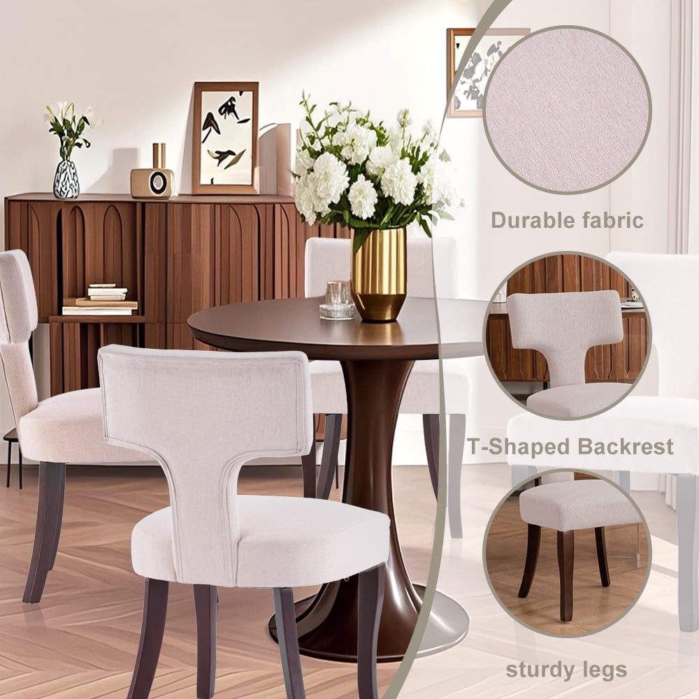 Mid Century Modern Wooden Dining Chairs Set of 2, Upholstered Side Dining Chairs with Curved Back Linen Fabric Armless Wood Chairs Kitchen & Dining Room Farmhouse Chairs (White)