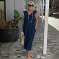 thumbnail image 2 of JUNWELL Tempérament Lin Femme Robe 2024 Été Nouvelle Couleur Unie V-Cou Backband Manches Volantes Coton Lin Robe Longue, 2 of 7