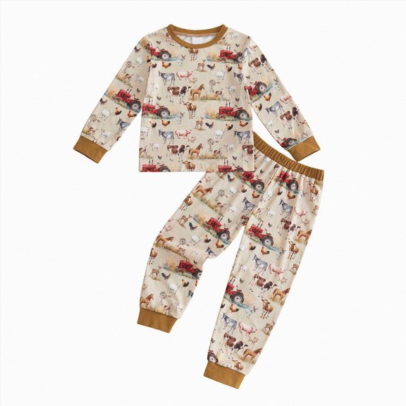 Qopobobo Boys Fall Winter Pajama Set Long Sleeve Polyester 2 Piece Sleepwear for Boys Size 4-5 Years(Khaki, 4-5 Years)