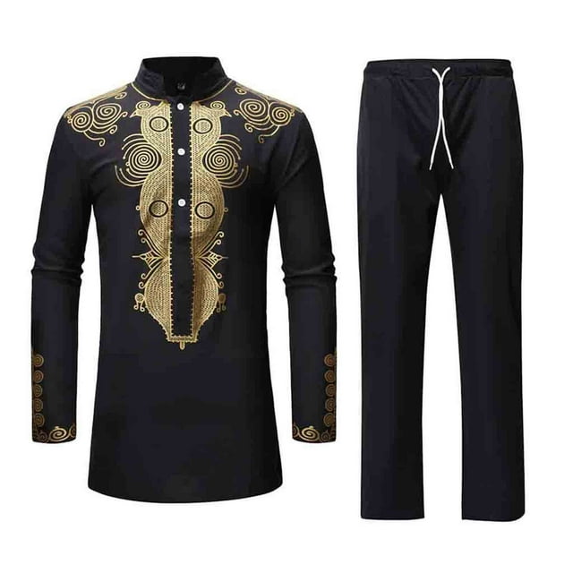 Birdeem Mens Style Ethnic Style Printed Slim Fitting Long Sleeved Dashiki Pants Two-Piece Set