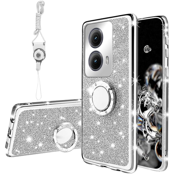 for Motorola Moto Edge 5G 2024 Phone Case (6.6-inch) with Ring Stand Lanyard Girls Women Cute Soft TPU Glitter Shockproof Protection Cover - Silver