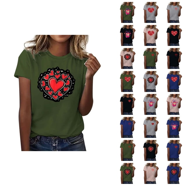 T-shirts de la Saint-Valentin pour Femmes 2026 à Manches Courtes Col Rond avec Cœur Graphique