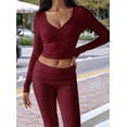 thumbnail image 6 of Women'S Workout 2 Piece Lounge Sets Long Sleeve Tops Foldover Flare Pants Casual Outfits Tracksuit Wine Red XS, 6 of 8