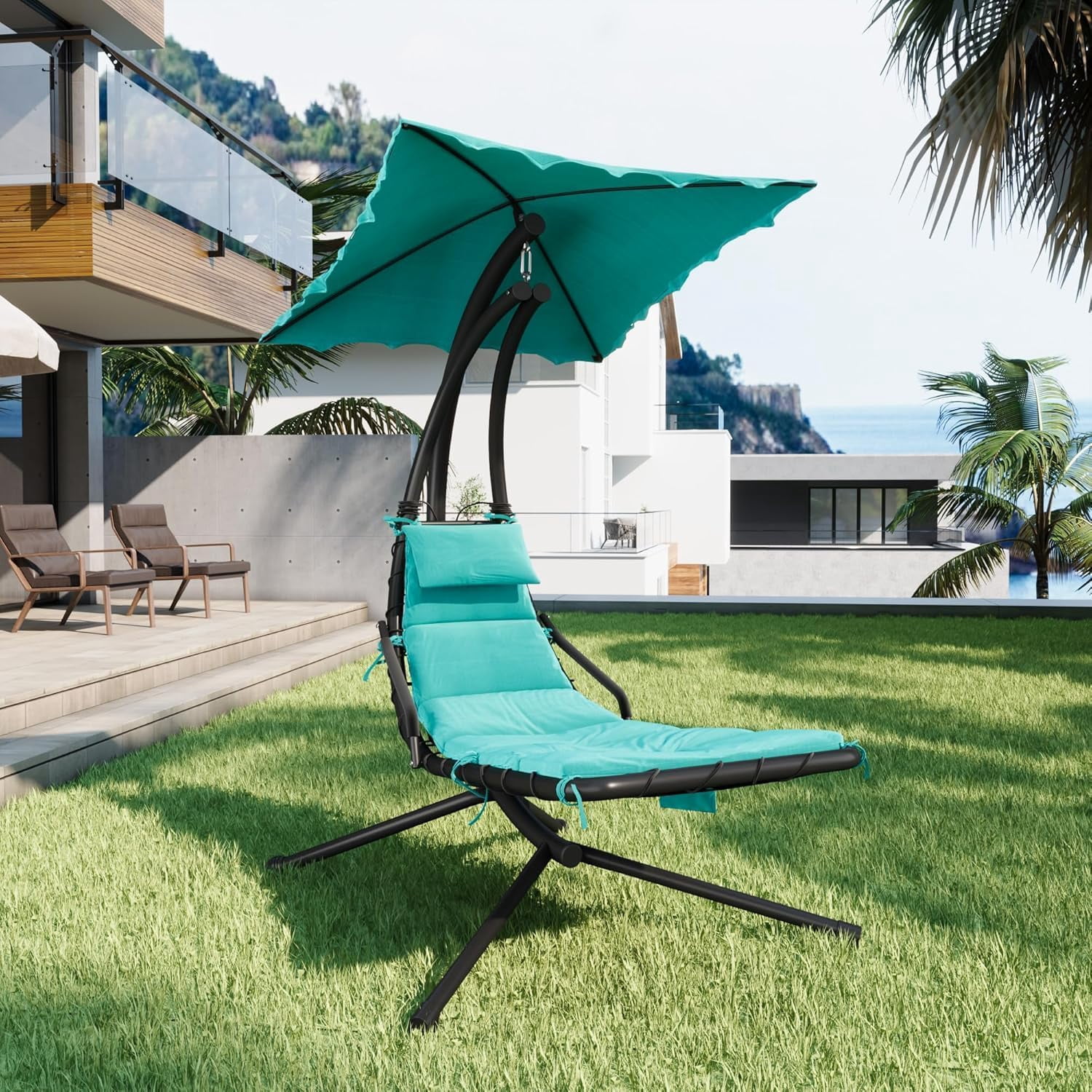 Senfot Dream Hammock, Iron + Cloth Cushion + Sunshade Canopy, Comfortable Outdoor Hammock for Backyard Green