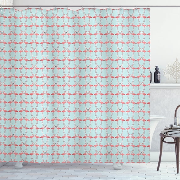 Blue and Coral Shower Curtain, Flamingo Birds Pattern Hawaiian Fauna Illustration in Pastel Shades, Fabric Bathroom Set with Hooks, 69W X 84L Inches Extra Long, Pale Blue and Coral, by Ambesonne