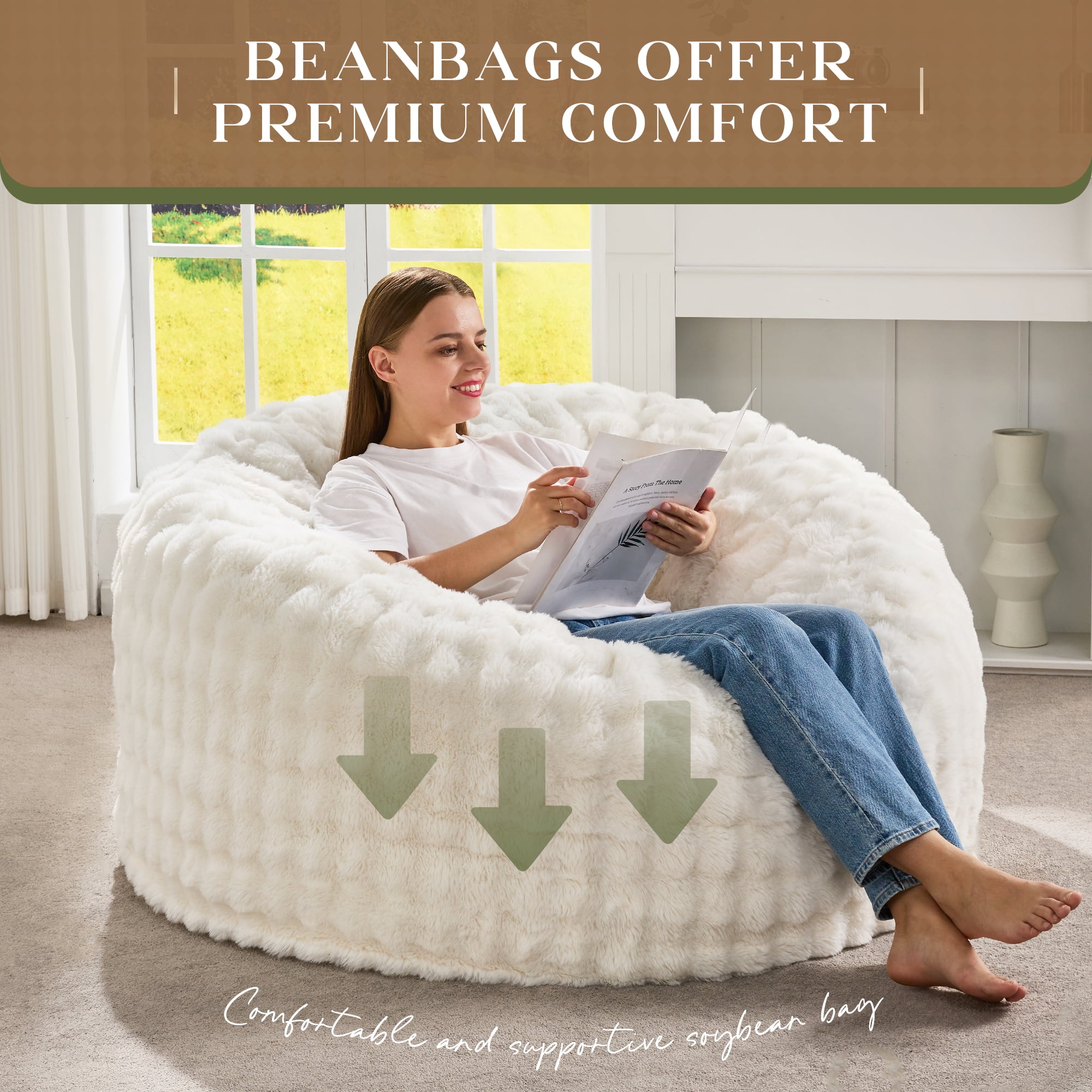 Hobestluk Bean Bag Chairs Beanbag Chair with Filler Adult Bean Bags with Fluffy & Machine Washable Cover, Giant Bean Bag Chairs for Adults (White, 3FT-36" x 36" x 22")