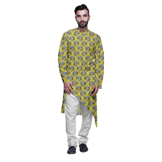 Atasi Kurta Long d'Été Imprimé de Designer avec Ensemble de Pyjama Blanc pour Hommes