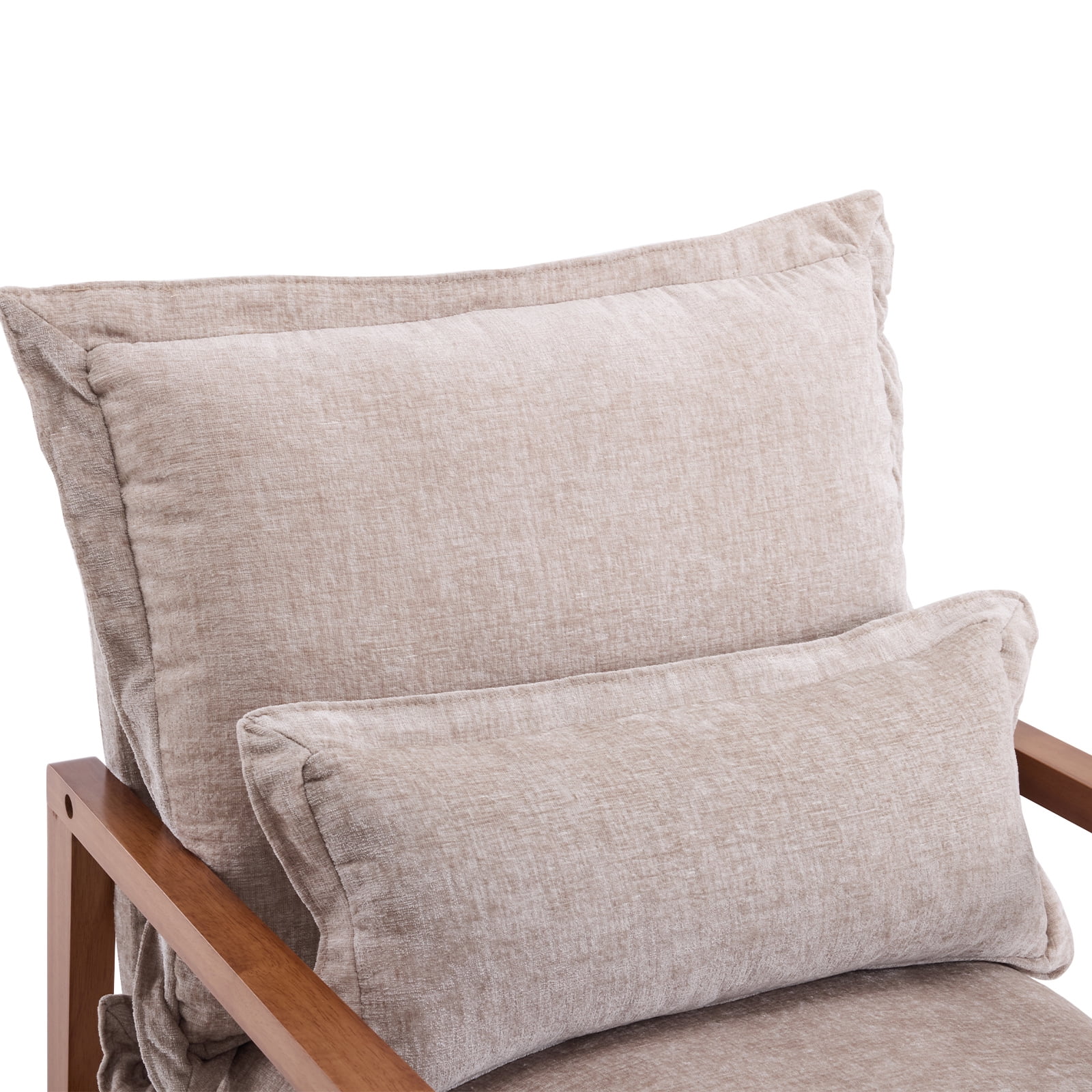 Cloud Shaped Khaki Chenille Accent Chair, Solid Wood Frame with Light Walnut Armrest, Ergonomic Single Leisure Sofa Chair with Lumbar Pillow for Bedroom Living Room Office