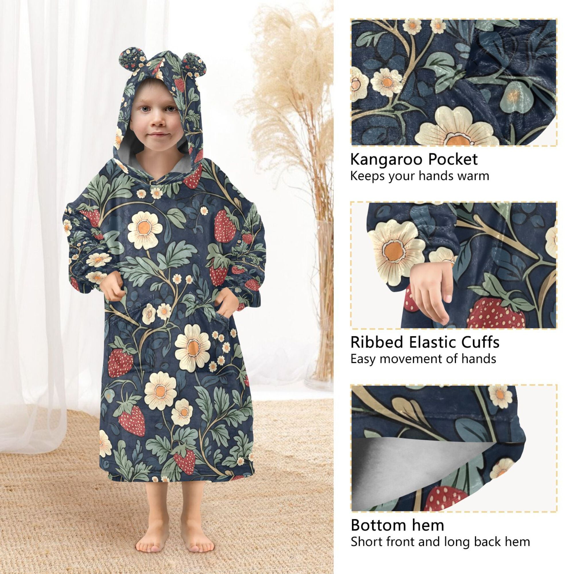 FORMRS Wearable Blanket Hoodie with Sleeves for Kids Cozy Flannel Sweatshirt, Floral Raspberry Pattern