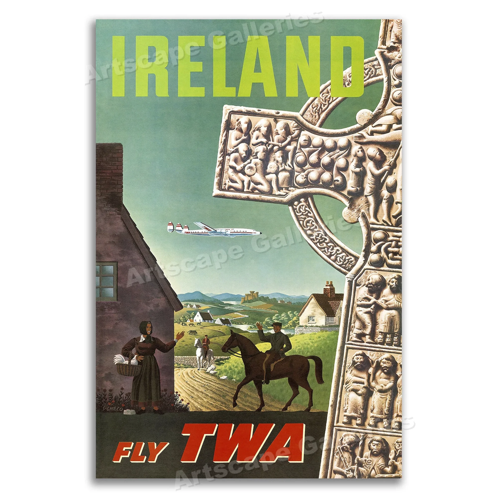 1960S Fly Twa Ireland Travel Office Poster , Poster Print Only