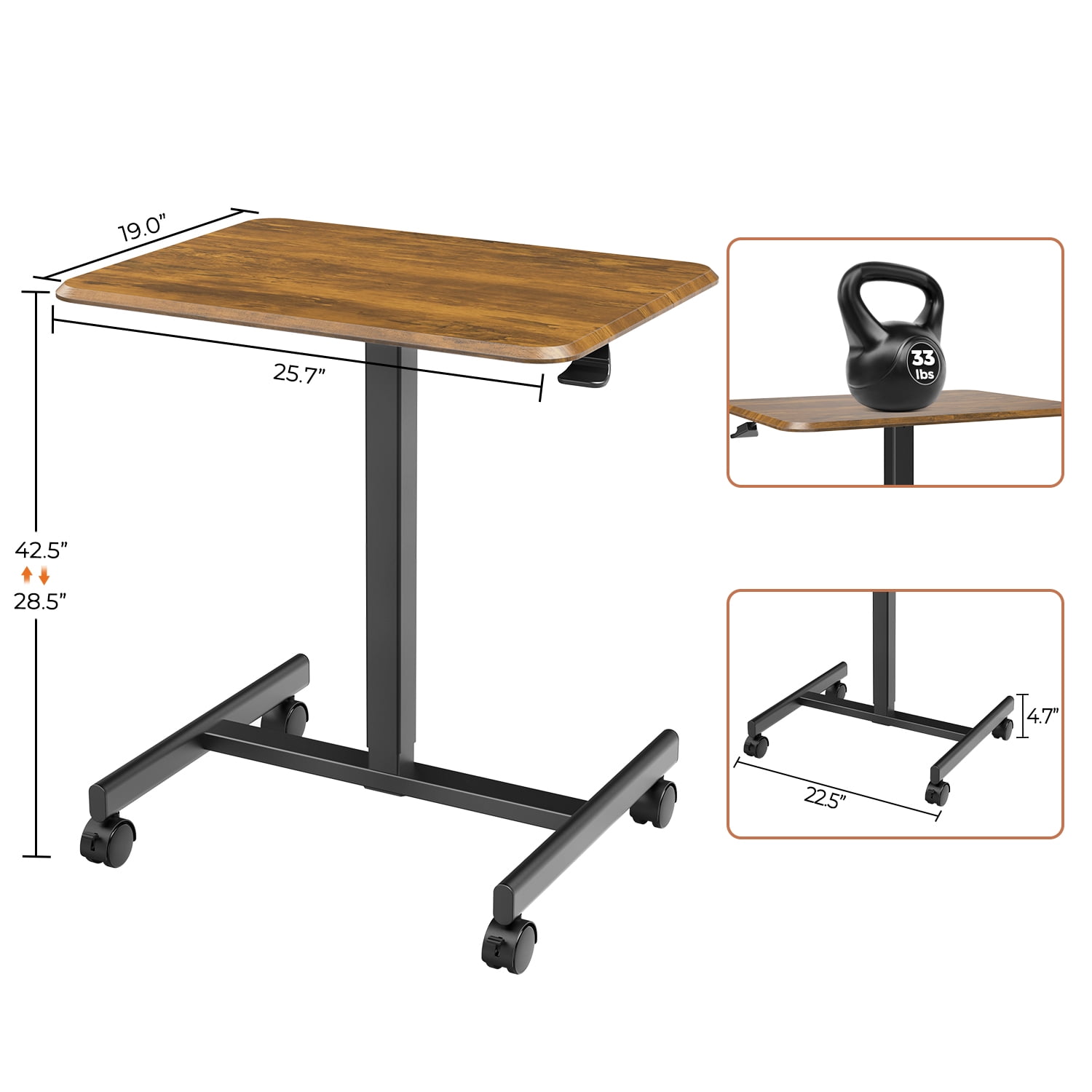 MAYEERTY Mobile Laptop Stand Rolling Desk with Adjustable Height for Home, Office, Brown