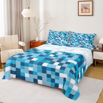 Manfei Geometric Artistic Pixel Bed Sheets,Abstract Geometric Buffalo King Sheets,White Blue Checkered Sheet Set For Girl Boys,Breathable Home Decor,4-Piece