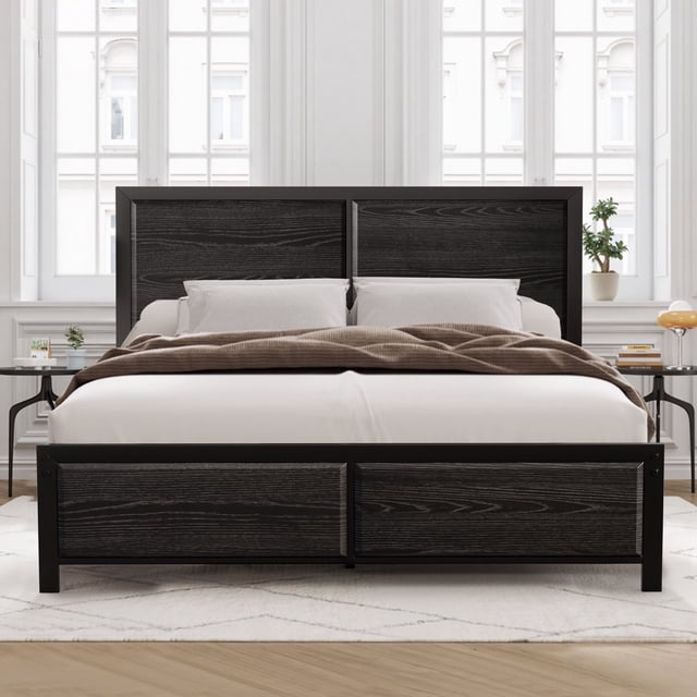VECELO Full Metal Platform Bed Frame with Wooden Headboard and Footboard, Strong Metal Slats Support/No Box Spring Needed, Black