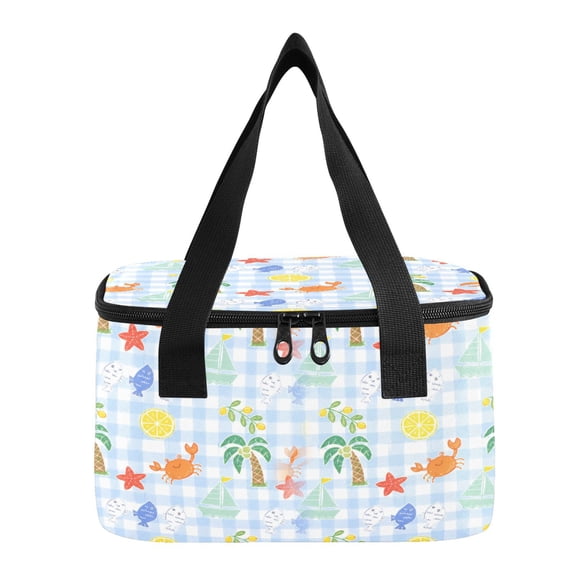 6L Insulated Lunch Bag Square Handheld Cooler Tote Cartoon Beach Gingham Pattern Reusable Thermal Bag with Polyester & Aluminum Lining for Work Picnic Travel