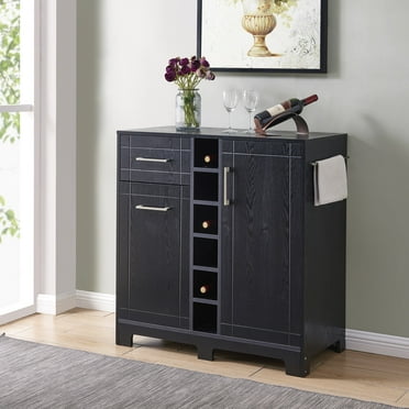 BELLEZE Wood Wine Cabinet with Bottle Holder and Drawer, Black
