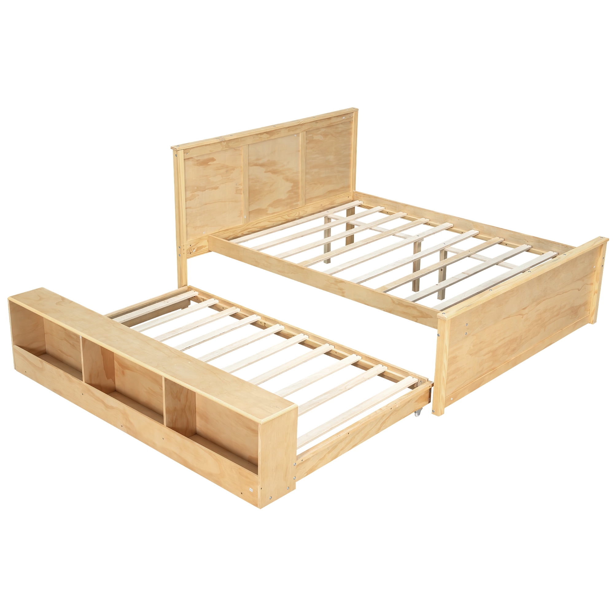Euroco Wood Full Size Platform Bed with Trundle and Storage Cabinets, Natural