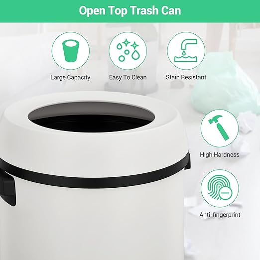 Basics Round Stainless Steel Trash Can with Open Swing lid, Large Kitchen Round Can - 65 Litre/ 17.2 Gallon, Silver, Black,White