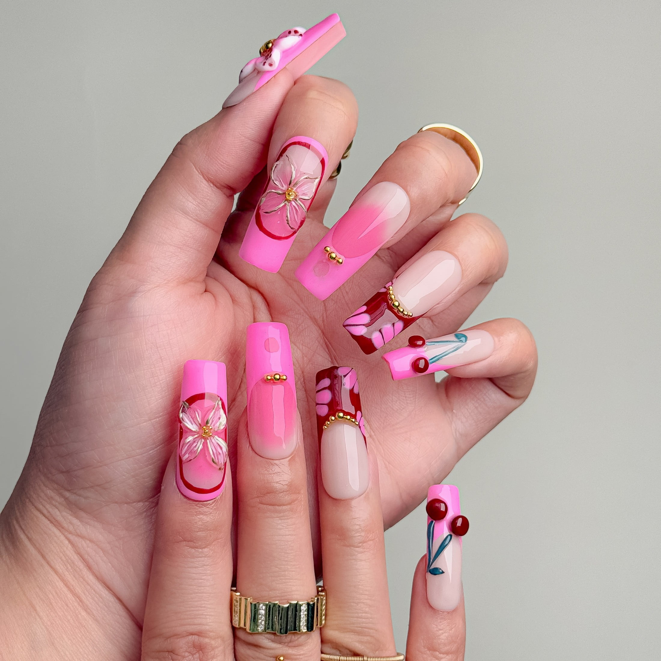 Nailfairy Handmade Press-On Nails | Square Shape Sparkling Galaxy Pink Gradient Design, Reusable with Free Application Kit Included—Medium