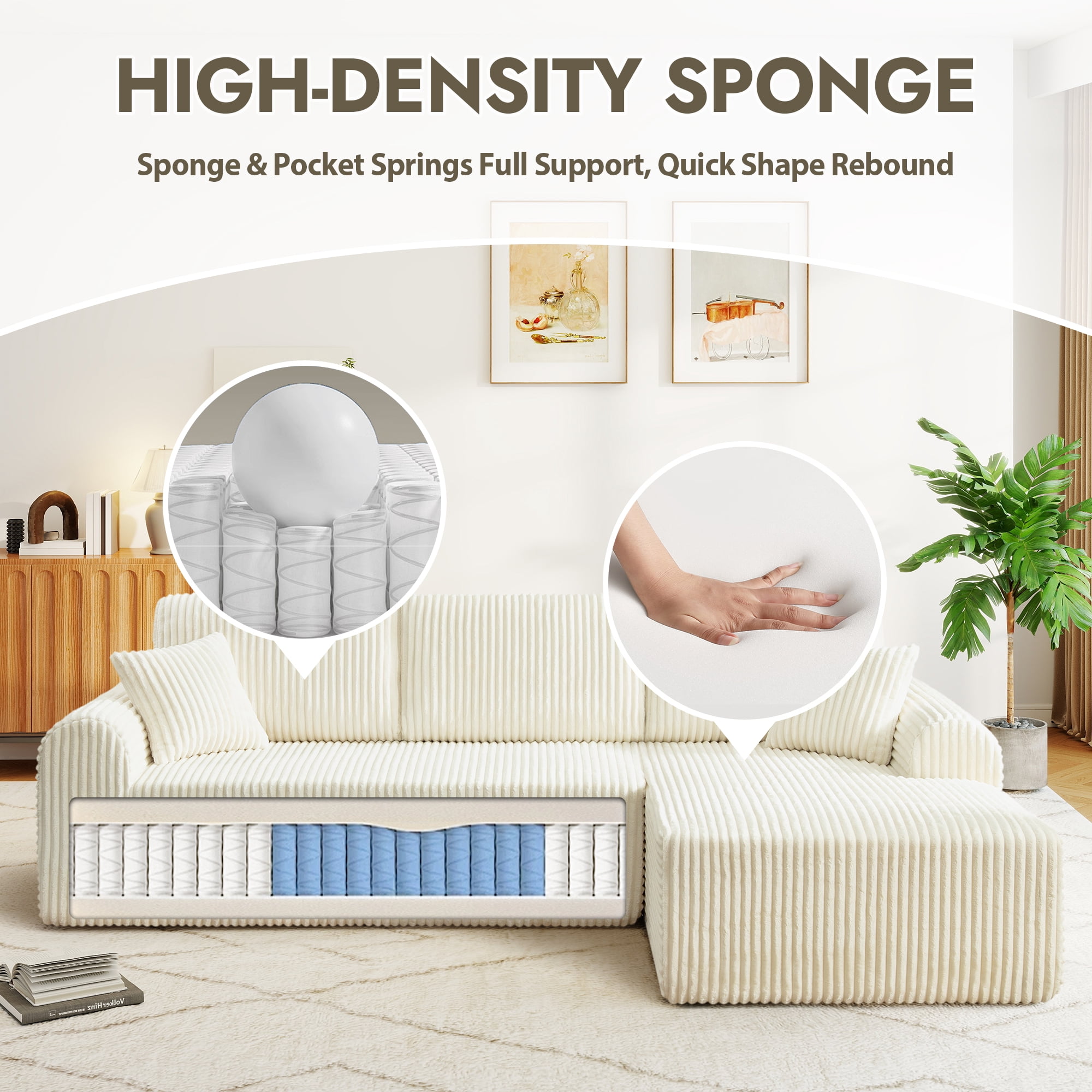 Aukfa 109" Modular Cloud Sectional Sofa with L-Shape Chaise, Corduroy Upholstered Deep Seat Couch, Right Facing Chaise, No Assembly Boneless Sofa for Living Room/Bedroom/Apartment, White