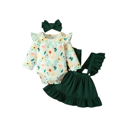 

JYYYBF Infant Baby Girls Suspender Skirt Sets Long Sleeve Floral Print Romper Ruffles Strap Skirt Headband 3PCS Clothes Green 6-12 Months