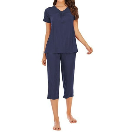 

Women Pockets V Neck Short Sleeve Two-Pieces Solid Color Pajama Sleepwear Set