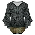 thumbnail image 5 of Greek Key Ornate Black & Gold Women's V-Neck Blouse With 3/4 Ruffled Bell Sleeves Casual Top Ladies Blouses, 5 of 7