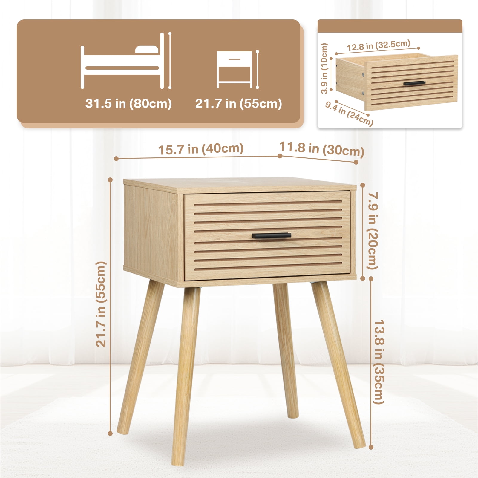 KATHY&BOB Striped Grooved Nightstand Set of 2, Bedside Table with Wood Storage Drawer, End Table for Bedroom, Natural